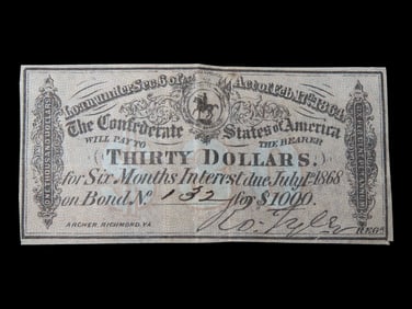 Civil War Confederate States $30 Bond Note, Dated Feb. 17th, 1864. Original Hand Signed Document