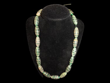 20" Necklace of Green Venetian Feather Beads, Colorful Early Glass Trade Beads