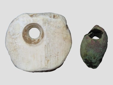 Large Shell Pendant & Copper Bead, Cahokia Area, Madison County Illinois. Found by Thomas Santon in