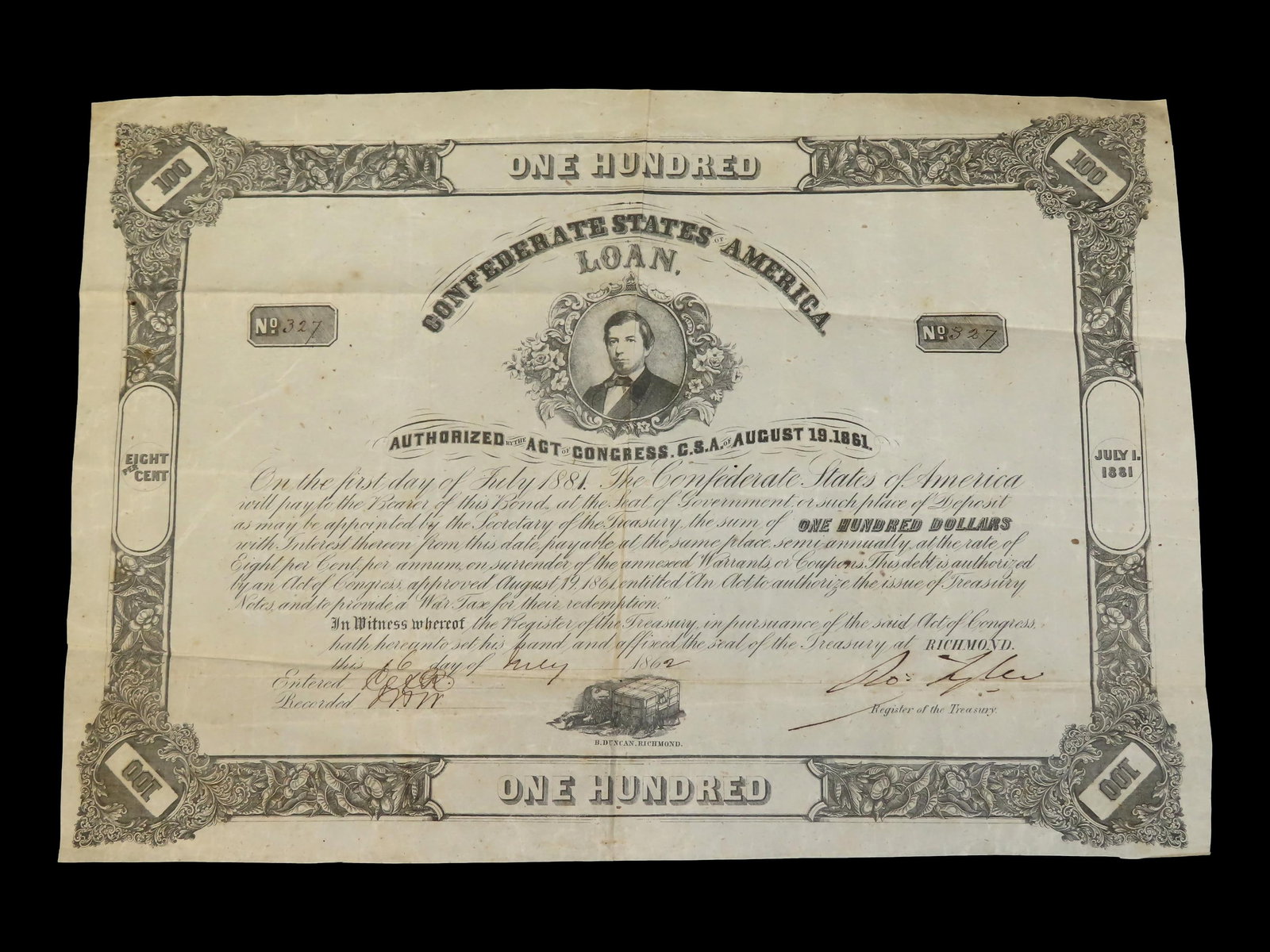 Civil War Confederate States $100 Bond Dated July 6th. 1862. Original Hand Signed Document from the (1 of 7)