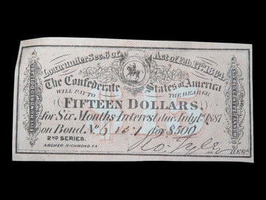 Civil War Confederate States $15 Bond Note, Dated Feb. 17th, 1864. Original Hand Signed Document