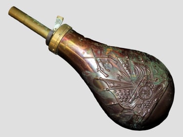 Nice Civil War Era Powder Flask, Nicely Decorated w/ Crossed Guns, Cannon, and Several Flags. Very