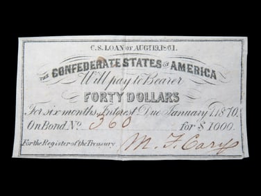 Civil War Confederate States $40 Bond Note, Dated August 19th, 1861. Original Hand Signed Document