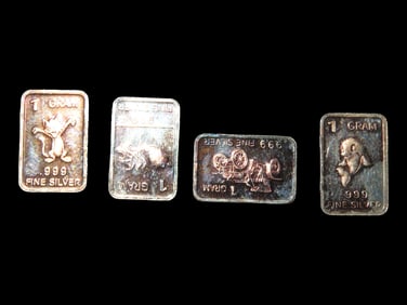Lot of 4 Mini Solid Silver Bars, 1 Gram Each, Silver Bullion