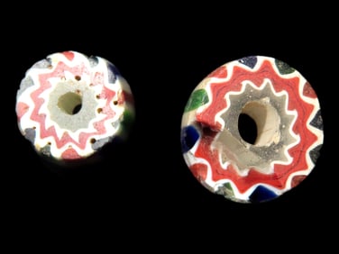 Amazing pair of Colorful Historic  Chevron Trade Beads from an old New York Collection. Show great
