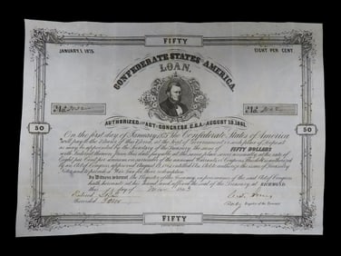 Civil War Confederate States $50 Bond Dated March 10th. 1863. Original Hand Signed Document from the