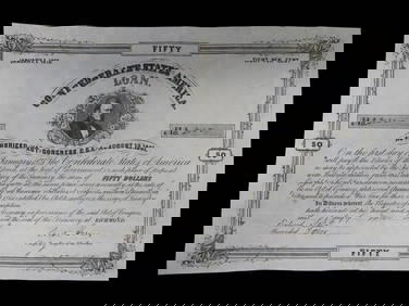 Civil War Confederate States $50 Bond Dated March 10th. 1863. Original Hand Signed Document from the (1 of 3)