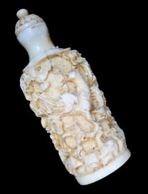 Antique Chinese Carved Bone Snuff Bottle, Intricately Designed Example. Lid Pulls out with a Tiny