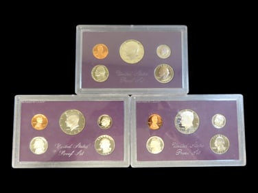 Lot of 3 U.S. Proof Sets, 1984, 1985, 1986. 15 Total Coins all in original Sealed Housings by the