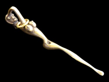 Vintage Brass Snuff Spoon / Ear Scoop, Nude Female Figure