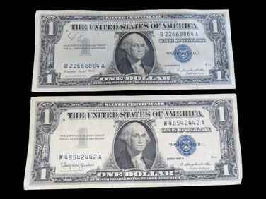 Pair of 1957 Blue Seal Silver Certificates, Great Condition, United States Currency, One Dollar,