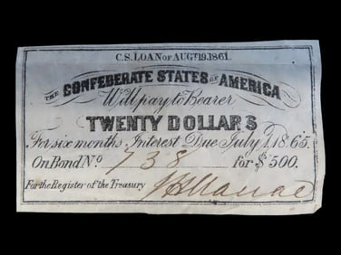 Civil War Confederate States $20 Bond Note, Dated August 19th, 1861. Original Hand Signed Document
