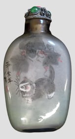 Antique Chinese Snuff Bottle With Gemstone Inlaid Lid, Intricately Designed Example. Lid Pulls out