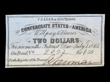 Civil War Confederate States $2 Bond Note, Dated August 19th, 1861. Original Hand Signed Document