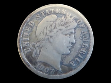 1907 Barber Silver Dime, Great Original F-VF United States Silver Coin, U.S. Currency