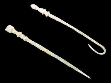 Great Pair of Ancient Roman Bronze Hairpins, Needles, Awls. Very Nicely Decorated Examples.