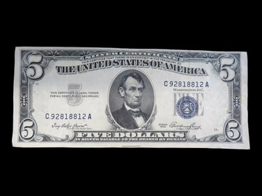 Early US $5 Silver Certificate Blue Seal from 1953. Great Crispy Condition. Five Dollar, United