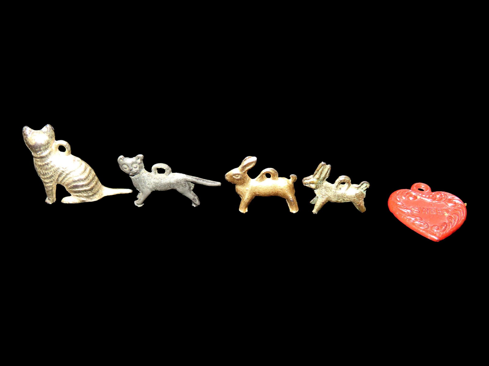 Antique lot of 5 Watch Fobs, 2 Cats, 2 Rabbits, & a Heart that says "Sweet" Vintage Jewelry (1 of 5)