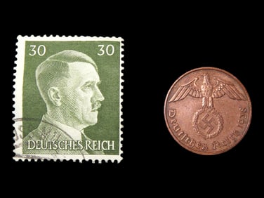 German Nazi Coin & Stamp, Hitler, Coin Dated 1938. Deutches Reich, Vintage WW2 Collectables