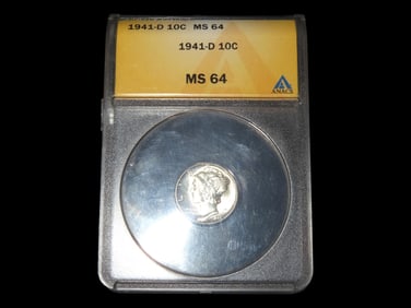 HIGH GRADE 1941-D Mercury Dime, MS-64, ANACS Slabbed & Graded, Amazing Brilliant Uncirculated