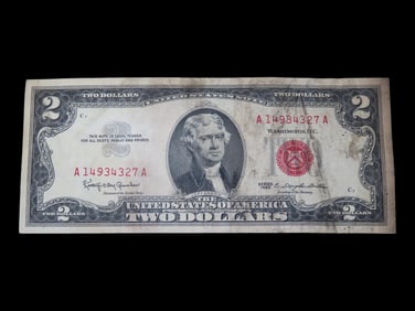 1963 Red Seal Two $2 Bill, Early Obsolete Note, U.S. Currency. Thomas Jefferson