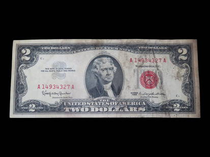 1963 Red Seal Two $2 Bill, Early Obsolete Note, U.S. Currency. Thomas Jefferson: 1963 Red Seal Two $2 Bill, Early Obsolete Note, U.S. Currency. Thomas Jefferson