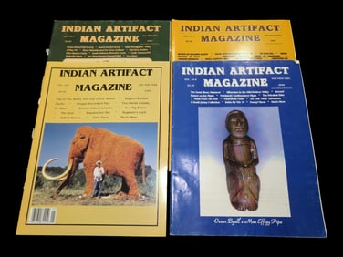SET OF 4 INDIAN ARTIFACT MAGAZINES. HUMAN EFFIGY PIPE, CLOVIS, COLUMBIA RIVER GEM POINTS, ALL KINDS
