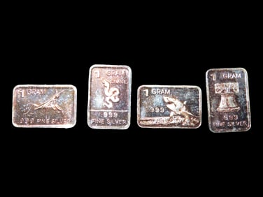 Lot of 4 Mini Solid Silver Bars, 1 Gram Each, Silver Bullion