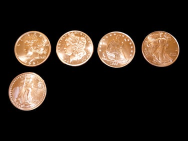 Lot of 5 One Ounce Copper Coins. Morgan Dollar, Peace Dollar, Mercury Dime, Buffalo Nickel, St