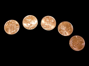 Lot of 5 One Ounce Copper Coins. Morgan Dollar, Peace Dollar, Mercury Dime, Buffalo Nickel, St
