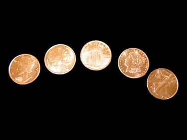 Lot of 5 One Ounce Copper Coins. Morgan Dollar, Peace Dollar, Mercury Dime, Buffalo Nickel, St