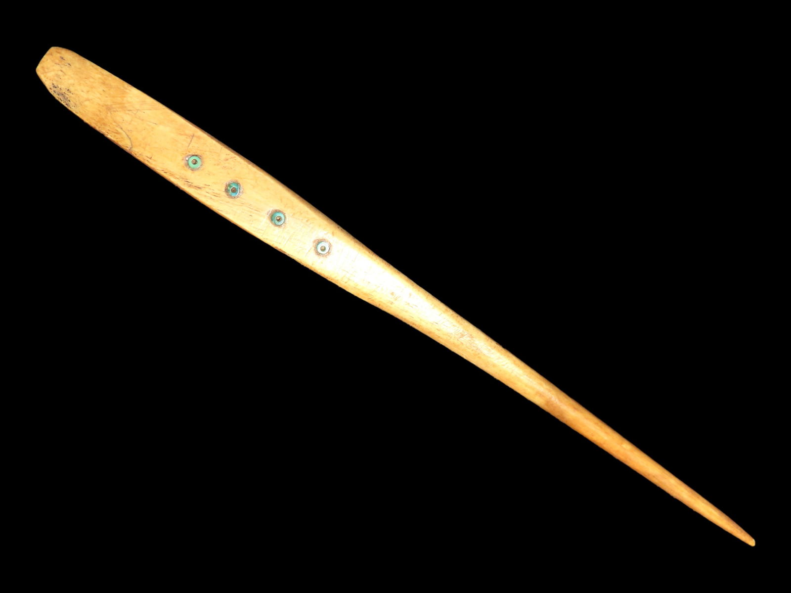 7 1/8" Pre Columbian Inlaid Stone Bone Needle: 7 1/8" Pre Columbian Inlaid Stone Bone Needle