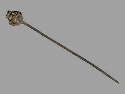 4 1/4" Pre-Columbian Chimu Gilt Copper Shawl Pin: 4 1/4" Pre-Columbian Chimu Gilt Copper Shawl Pin