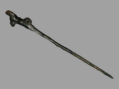 4 7/8" Pre-Columbian Chimu Gilt Copper Shawl Pin: 4 7/8" Pre-Columbian Chimu Gilt Copper Shawl Pin