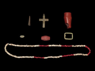 12" x 18" Frame Containing Relics Recovered in Wisconsin- A Shell and Glass Bead Necklace, A Tinkler