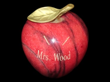 2 1/2" Deep Red Marble Apple Paperweight w/Brass Stem, lightly etched name-can be polished off