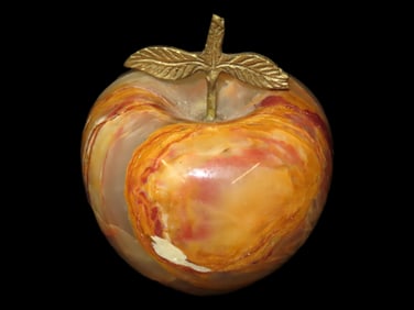 2 1/2" Stunning Green Onyx Apple Paperweight w/Brass Stem, Quartz Crystal Inclusions, Polished to a