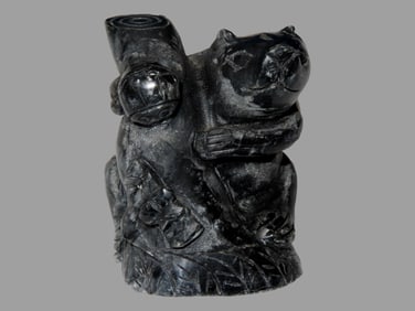 2 5/8" Soapstone Carving of a Bear and Tree, signed 2 Feathers