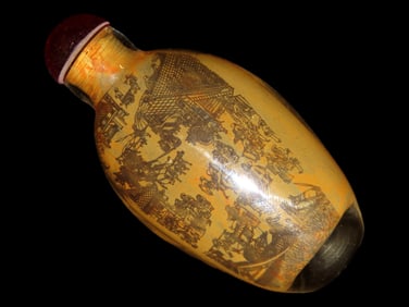 2 7/8" Reverse Painted Asian Glass Snuff Bottle w/Spoon Stopper