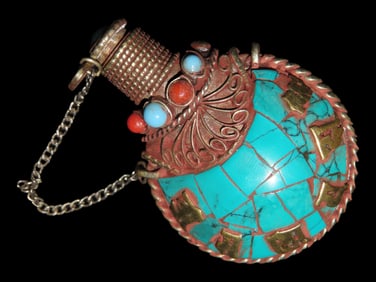 2" Tibetan/Nepalese Snuff Bottle, Turquoise, Jade, Coral, and Brass Inlay, with Spoon Stopper on