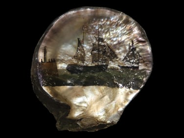 9" x 10" Clam Shell, Hand Painted Nautical Scene of Sailing Ships, Port, and Lighthouse-Extremely
