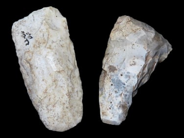 Set of 2 Missouri Archaic Tools. Clear Fork Gouge. 3 1/8'' Ground Edge Flint Cell 3 1/2''.