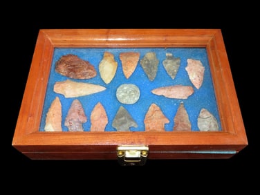 6x9' Cherry Frame with 15 Mississippian Arrowheads and Highly used Knapping Anvil