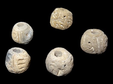 Group of Decorated Pre-Columbian Manabi Pottery Effigy Beads, Ecuador, Dated 600-500 BCE