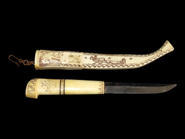 9 1/4' Spectacular Inuit Eskimo Bone Handle Knife with Scabbard, Old Scrimshaw Artwork