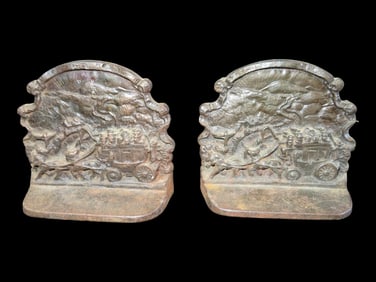 4 X 4 3/4' Western Stage Coach Scene Bookends Cast Iron