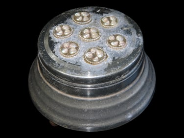 1920's Musical Powder Box, aluminum with seed pearl and shell ornamentation.