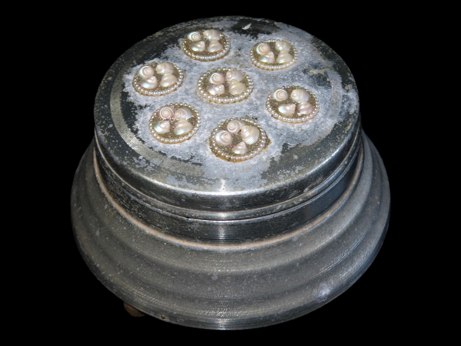 1920's Key Wind Musical Powder Box, aluminum with seed pearl and shell ornamentation on the lid (1 of 6)