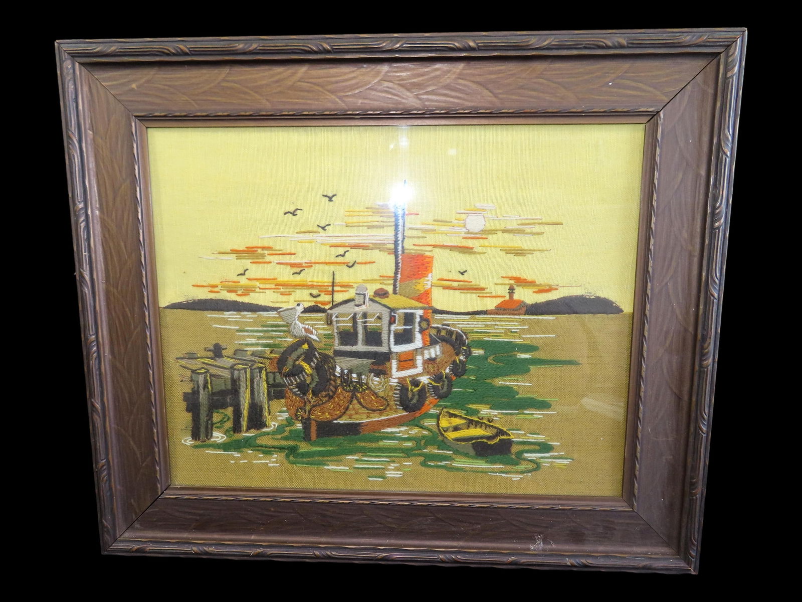 20" X 16 1/2" Framed Crewel/Embroidery Fishing Boat Scene: 20" X 16 1/2" Framed Crewel/Embroidery Fishing Boat Scene