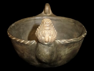 10 3/4' Diameter, Fine Effigy Bowl w/ Rope Rim, Female Human Effigy at the Front and a Bird Effigy (